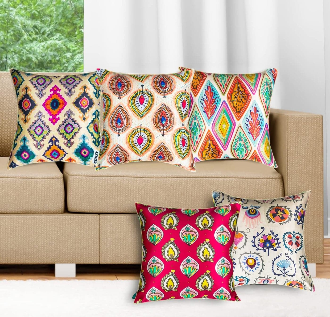 CIDIZY Velvet Ikat Cushion Cover, 12x12 Inch, Set of 5, Multicolor