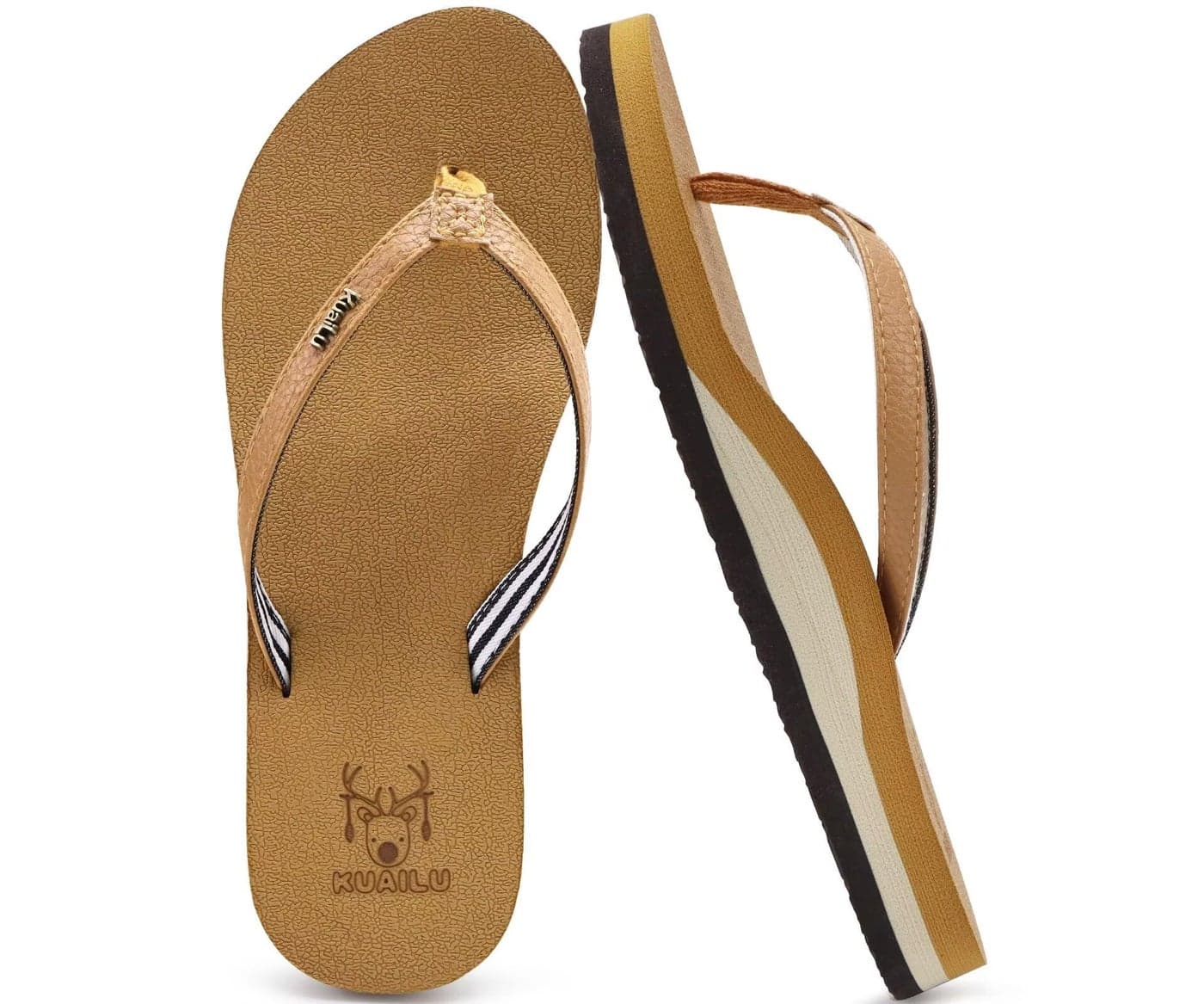 KuaiLu Womens Arch Support Flip Flops Comfortable Yoga Mat Slip on Leather Walking Thong Cushion Sandals Summer Beach Orthotic Slides Travel Essentials Indoor Outdoor Slippers Shoes Khaki Size 11