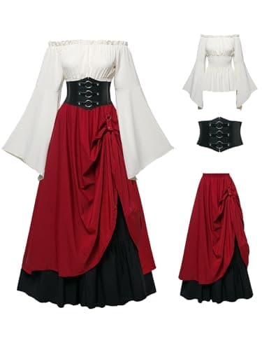 FORTMAC Renaissance Costume Women Ren Faire Medieval Dress for Women with Corset Fairy Costume Halloween Red L