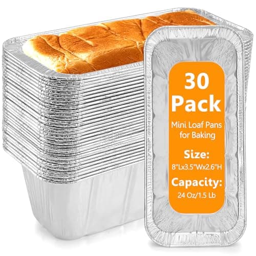 Sageme Mini Loaf Pans 1Lb 30PackAluminum Foil Heavy Duty Disposable Bread Baking Pan Bread Tins for Baking Cakes BreadsMeatloafs Size8x 35 x 25 30 Packs