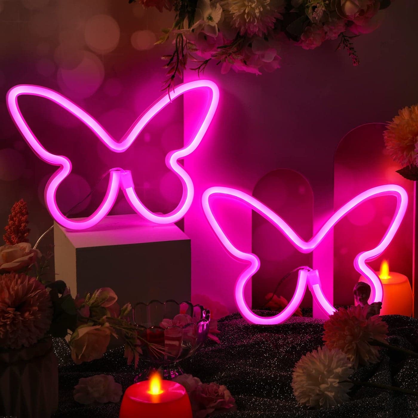 Riakrum 2 Pcs Butterfly Neon Signs LED Light 3AA Battery Powered USB Operated Wall Neon Light Decor Butterfly Wall Art for Christmas Home Bedroom Birthday Party DecorPink