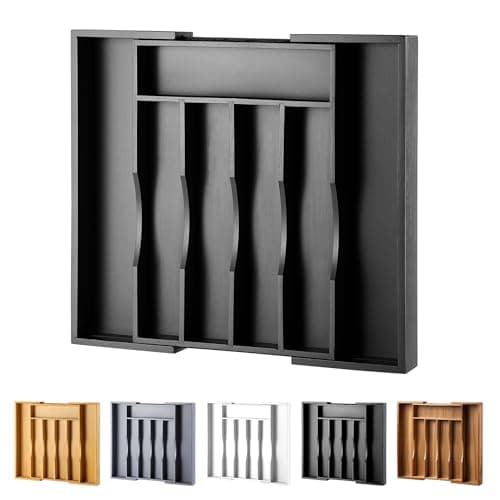 oridom Expandable Bamboo Kitchen Drawer Organizer for Cutlery and Utensils, Adjustable Bamboo Wood Cutlery Tray in Drawer for Flatware and Silverware in Kitchen, (Black)