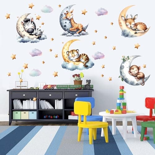 Jungle Animal Wall Decals for Nursery Removable Safari Animal Stickers for Baby Room Kids Bedroom Playroom Moon and Stars Animals Wall Art Decor for Boys and Girls