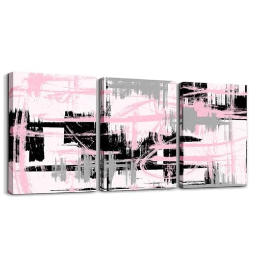 Feelyou Pink Black Grey Framed Canvas Wall Art Modern Stripes Office Decor for Living Room