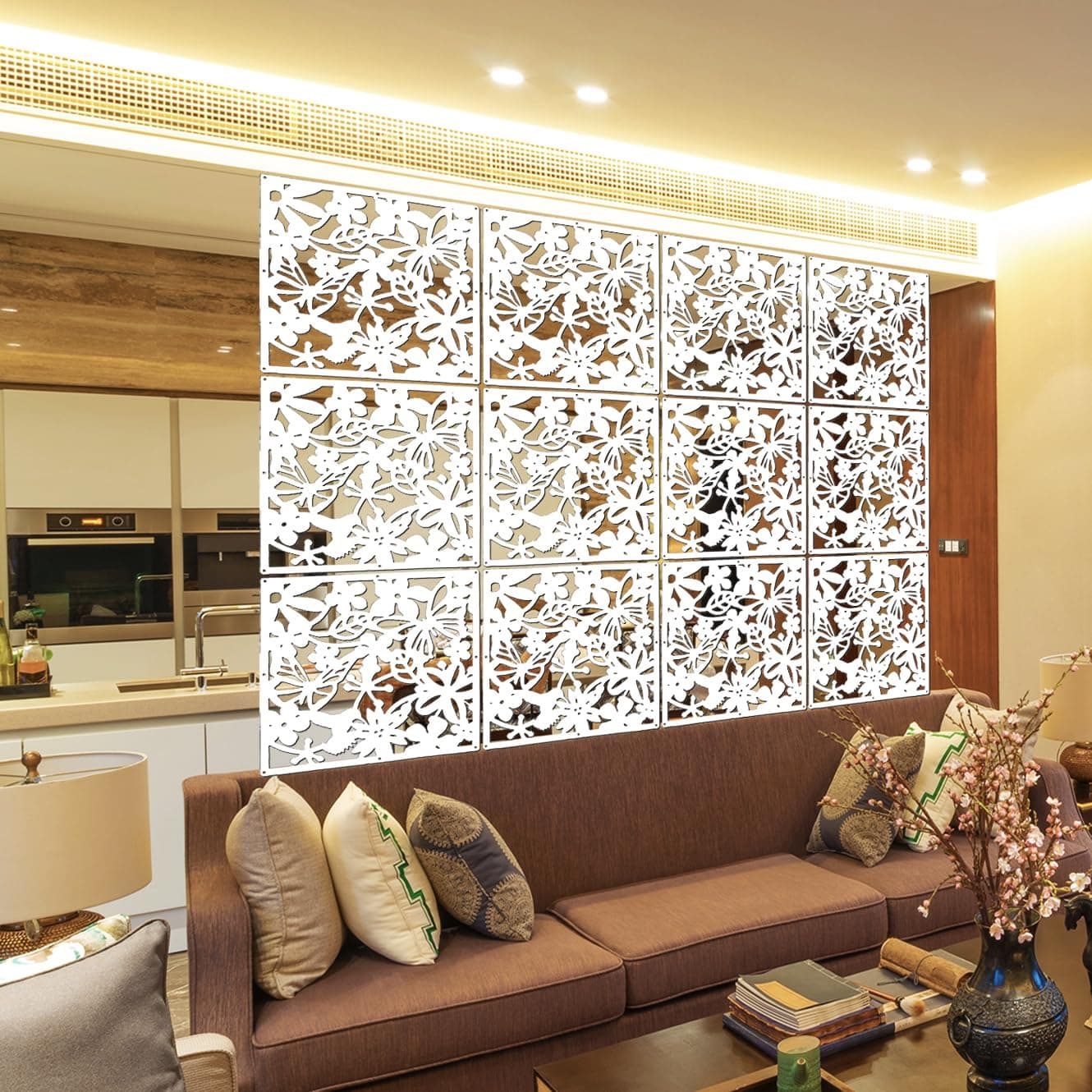 LRZCGB Hanging Room Divider12pcs PVC Screen Panel with Butterfly Flower Bird for Living Dining Study SittingRoom Hotel Bar DecorationWhite