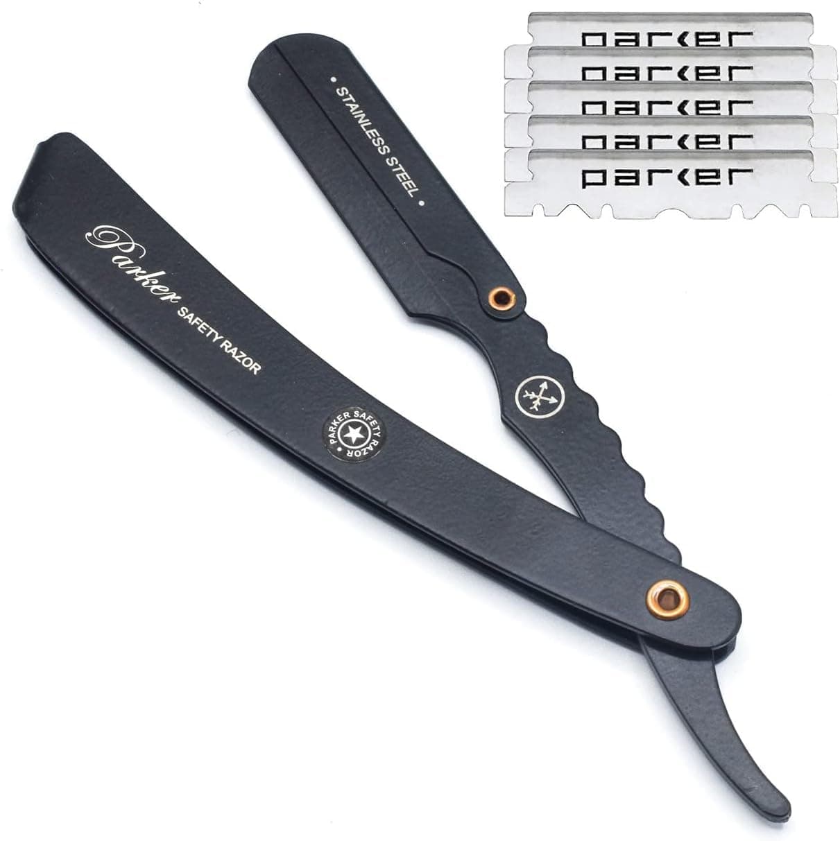Parker SRXBLK Stainless Steel Clip Type Barber Straight Barber Razor 5 Blades Black Finish JUST INTRODUCED FOR 2023