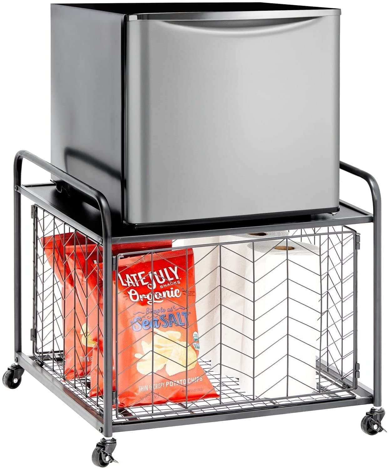 Indian Decor® 36730 Classic Metal 2-Tier Storage Stand for Mini Fridge, Rolling Cart with Easy-Grip Handles, Chevron Wire Sliding Drawer Basket, Metal Frame, Swivel Rotating Wheels - Black