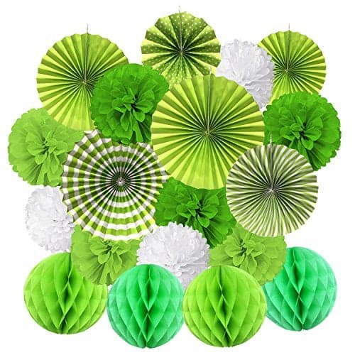 Recosis Hanging Paper Fan Set, Tissue Paper Pom Poms Flower Fan and Honeycomb Balls for Birthday Baby Shower Wedding Festival Decorations - Green