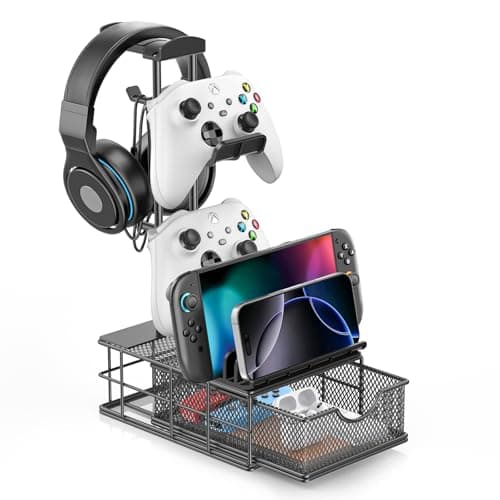 KDD Headphone Stand with Drawer - Headset & Controller Holder for Desk - Aluminum Supporting Bar Earphone Stand with Cable Organizer - Universal Gaming PC Accessories Storage