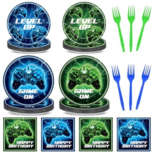 96Pcs Video Game Birthday Party Supplies Neon Game Party Plates and Napkins Gaming Paper Tableware for Kids Blue Green Level Up Theme Dinnerware Baby Shower Serve 24 Guests