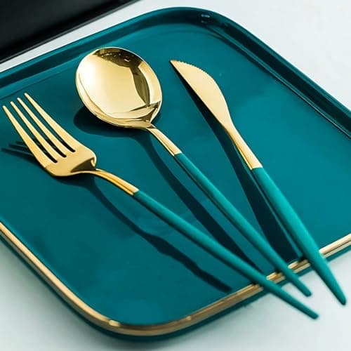 BonZeaL Mirror Finish 410 Stainless Steel 18 Pcs Flatware Green Gold Cutlery Set for 6 Luxury Cutleries for Dining Table Cutlery Set for Hotel Cafe Bar Restaurant Gift for Wedding Christmas Party