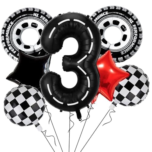 Eostankr Race Car Balloons Birthday Party Decorations Mylar Wheels Tire Balloon Large 40 Inch Black Number 3 Balloons for 3rd Boy Birthday Racing Theme Party Decor Supplies 7 Pcs