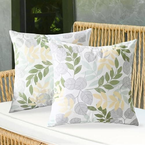 CaliTime Throw Pillow Covers Outdoor Waterproof Pack of 2 Cozy Flourishing Leaves Branches Decorative Cushion Cases for Garden Patio Tent Balcony Couch Sofa 18 X 18 Inches Sage Green Beige Grey