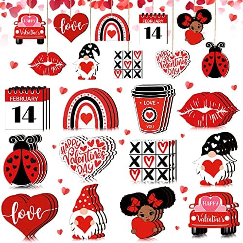 Chunful 36 Pcs Valentine's Day Wooden Hanging Ornaments Decoration for Tree Red Heart Gnome Leaf Truck Love Wood Cutouts Hanging Sign Decor for Valentine‘s Day Wedding Party Decoration