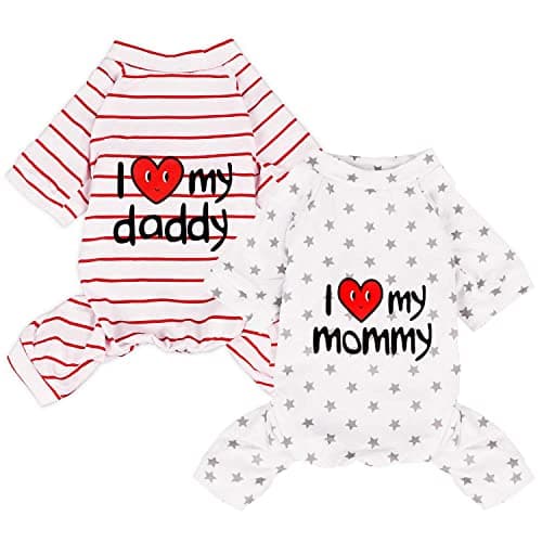 2-Pack Cotton Dog Pajamas Lightweight Dog Onesies for Small Medium Dogs and Cats Puppy Body Suits Cute Baby Dog Jumpsuit I Love My Mommy/Daddy Printed Pet Clothes, XS