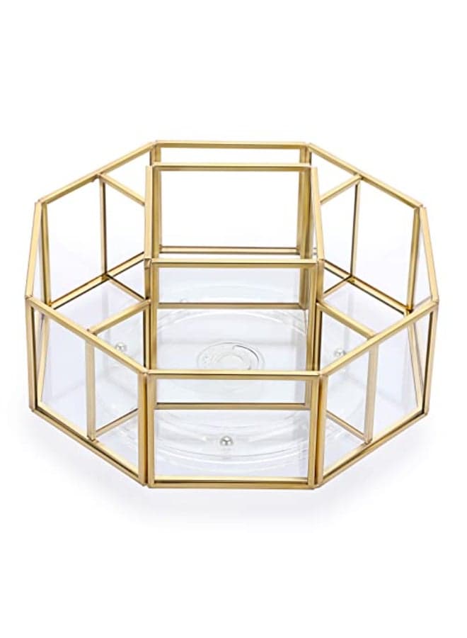 Hipiwe 360 Degree Rotating Glass Makeup Organizer 5 Slots Gold Metal Cosmetic Storage Display Holder Octagon Dresser Bathroom Spinning Vanity Organizer For Makeup Brushes Lipsticks Perfume