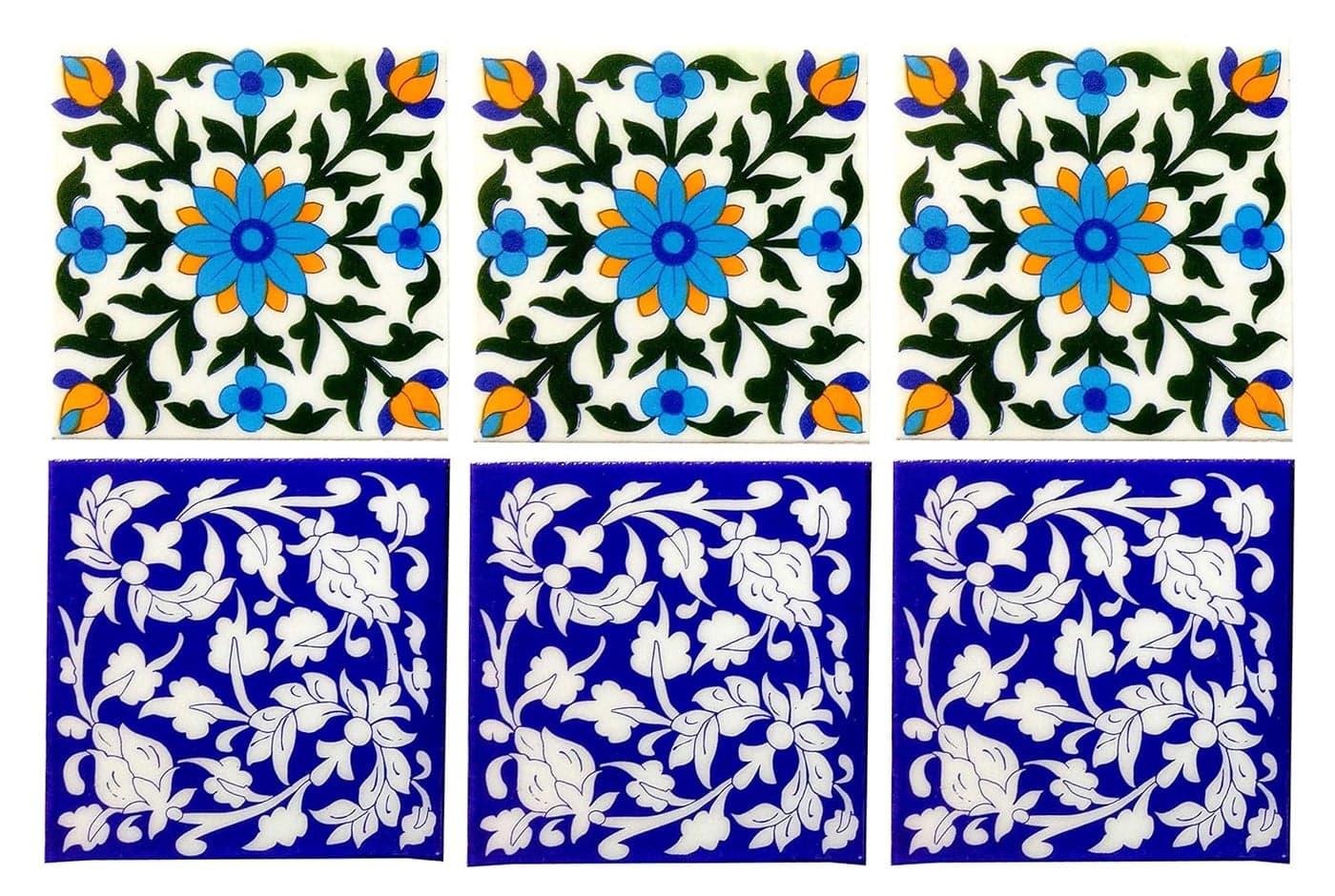 Shiv Kripa Blue Pottery Home Decorative Moroccan Pottery Ceramic Handmade Painted Wall Tiles 6 x 6 Inch Set of 6 Tiles Multi