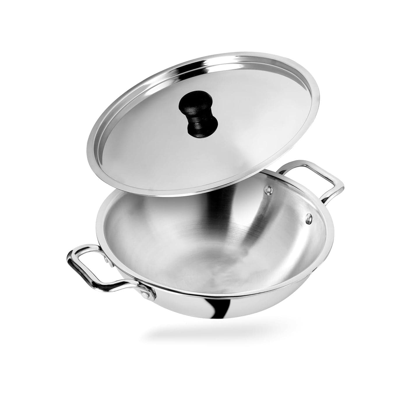 Hexwell Triply Stainless Steel Kadai with Lid and Strong Handle 25 Liter 24cm Wok Kadhai for Cooking Deep Frying Pan inducton and Gas Stove Friendly