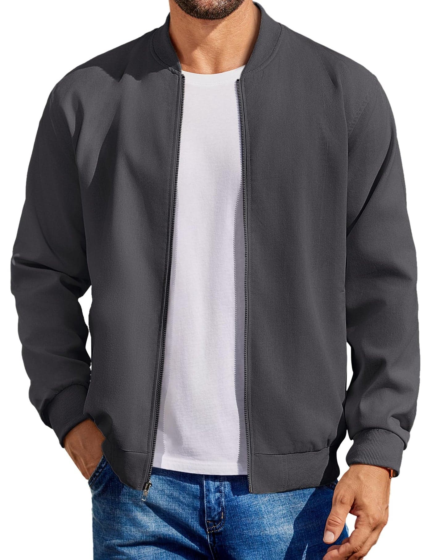 COOFANDY Men Lightweight Cotton Bomber Jacket Casual Varisty Jackets Fashion Flight Jacket Dark Grey, Small