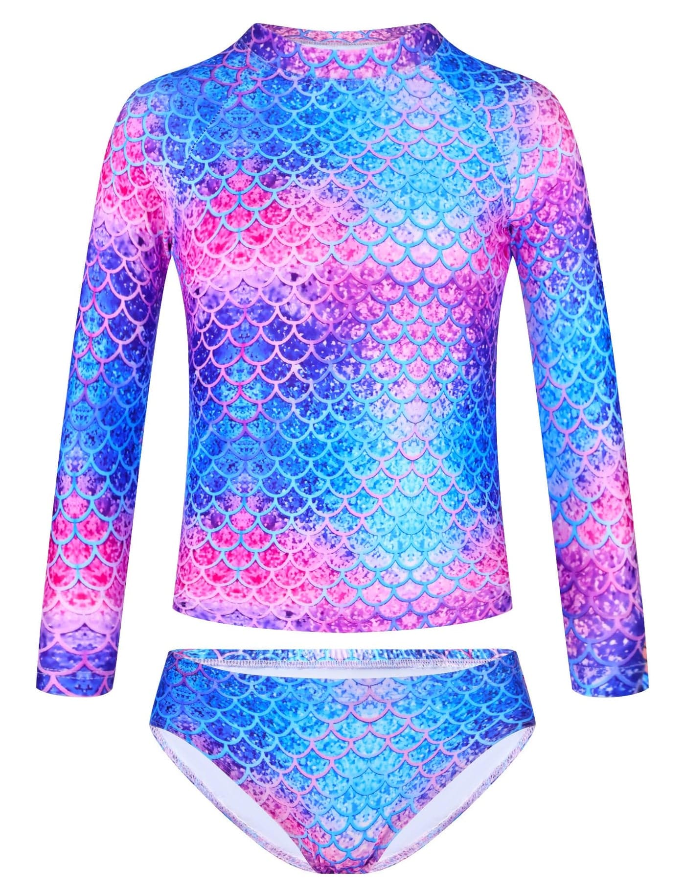Girls Swimsuit Size 10-12 Years Old Long Sleeve Rash Guard Swimwear Pink Blue Mermaid Scale Toddler Kids Bathing Suits