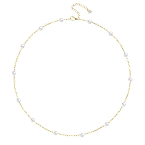 FUNEIA Dainty Pearl Necklace for Women 14K Gold Plated Faux Pearl Choker Necklaces Trendy White Silver Small Pearl Necklace Strand Wedding Prom Bridal Pearls Jewelry 14/16/18/20 Inches