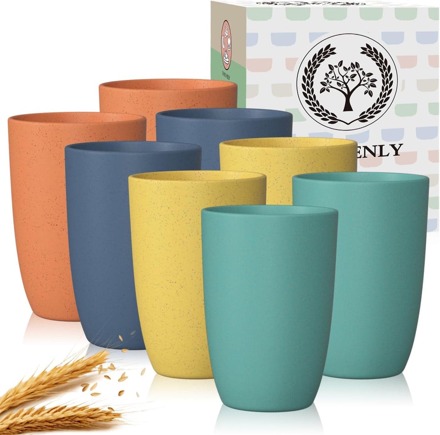 Homienly Wheat Straw Cups 8 PCS Plastic Cups Unbreakable Drinking Cup Reusable Dishwasher Safe Water Glasses with 4 Colors 20 OZ