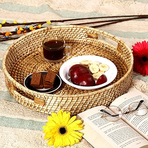 AKWAY Round Wicker Basket | Tray Wooden Serving Tray for Home | Serving Tray for Party Guests | Round Platter with Handles Diwali or Deepawali Gifts (13W x 13L x 3H inch)(Beige)