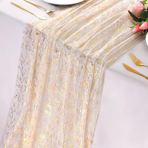 Snowkingdom 10 Ft Gold Table Runner, Sheer Gauze Chiffon Tulle Cheesecloth Sequin Glitter Metallic Foil, Table Decorations for Home Wedding Anniversary Party Birthday Holiday Christmas Thanksgiving