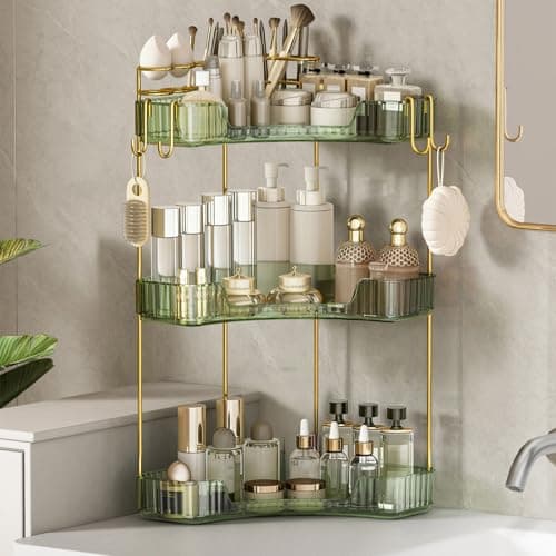 Greenby 3-Tier Corner Bathroom Counter Organizer,Makeup & Skincare Shelf with Built-in Brush Holder,Space-Saving Bathroom Countertop Organizer for Skincare, Perfume, Cosmetics(Green)