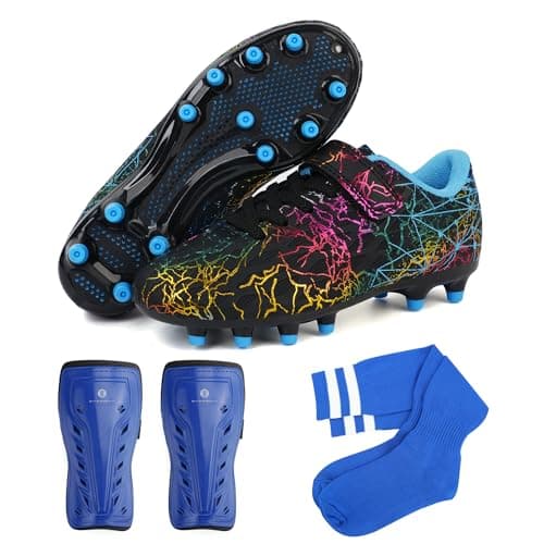 brooman Kids Firm Ground Soccer Cleats Girls Football Cleats with Shin Guards and Soccer Socks (11,Black Blue)