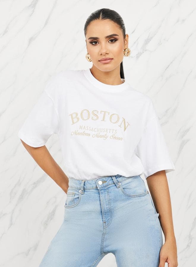 Oversized Slogan Embroidered 100% Cotton T-Shirt — S