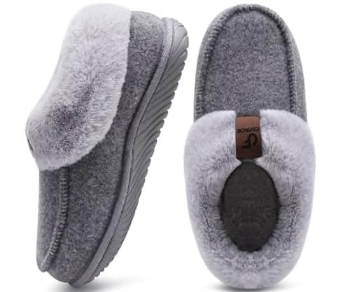 COFACE Women's Arch Support Memory Foam House Slippers Ladies Warm Fuzzy Faux Fur Collar Winter Moccasin Shoes with Orthotic Plantar Fasciitis Indoor Outdoor Hard Rubber Sole Grey Size 8