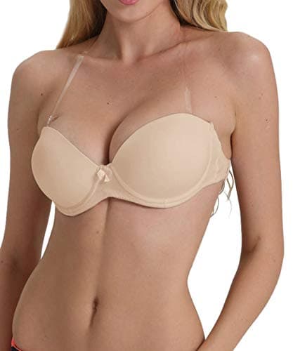 Strapless Bra with Clear Back Invisible Strap Push Up Padded Underwire Backless Halter Bralette 32B, Beige