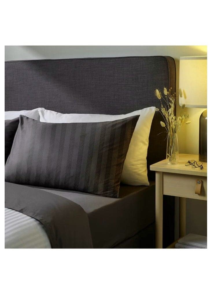 Tulip (Charcoal) Pillow Cover with 1 cm Satin Stripe (52 x 73 + 12 Cm-Set of 1 Pc) 100% Cotton, Soft and Luxurious Hotel Quality Bed linen-300 TC