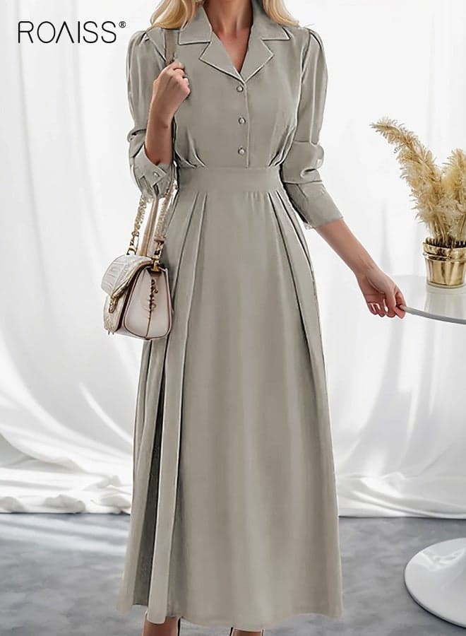 Women Solid Shirt Dress, Stylish Elegant A Line Dress for Women, Puff Sleeve Button Down Frock with Lapel and Tapered Waist Design, Suitable for Daily Wear or Any Occasion