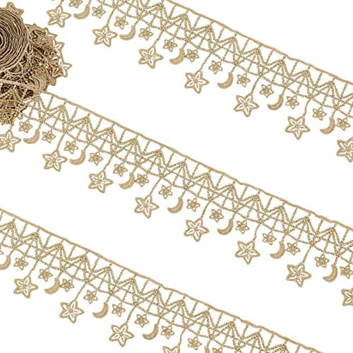 PH PandaHall 5 Yard Metallic Polyester Golden Woven Gimp Braid Trim 28 Inch Embroidery Braid Lace Trim Moon Star Edge Decorative Ribbon for Home Decoration DIY Crafts Sewing Jewelry Making
