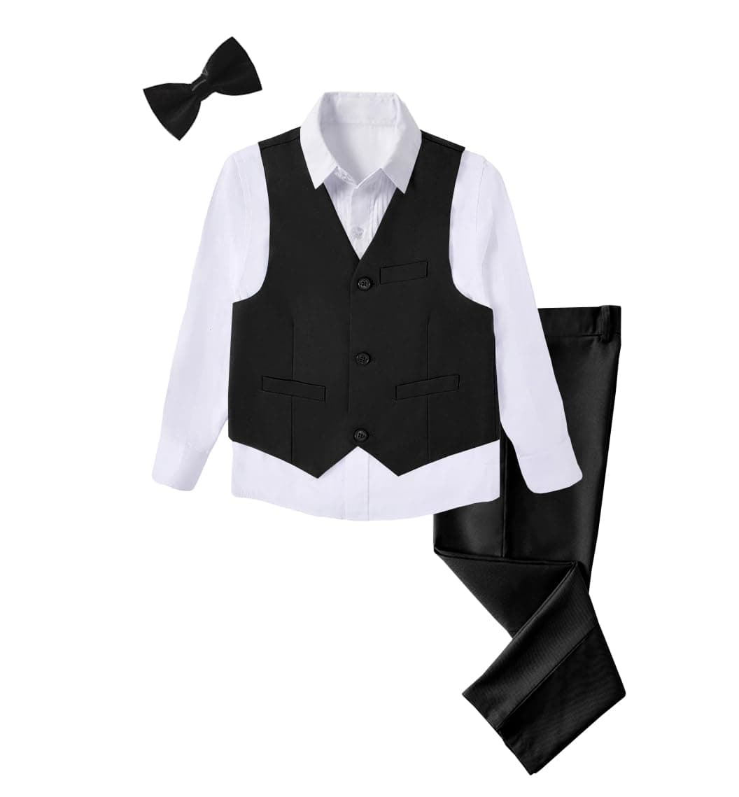 Boys 4 Pieces Black Suits Slim Fit Outfits Vest Sets Formal Dresswear for Boy Suit Size 6