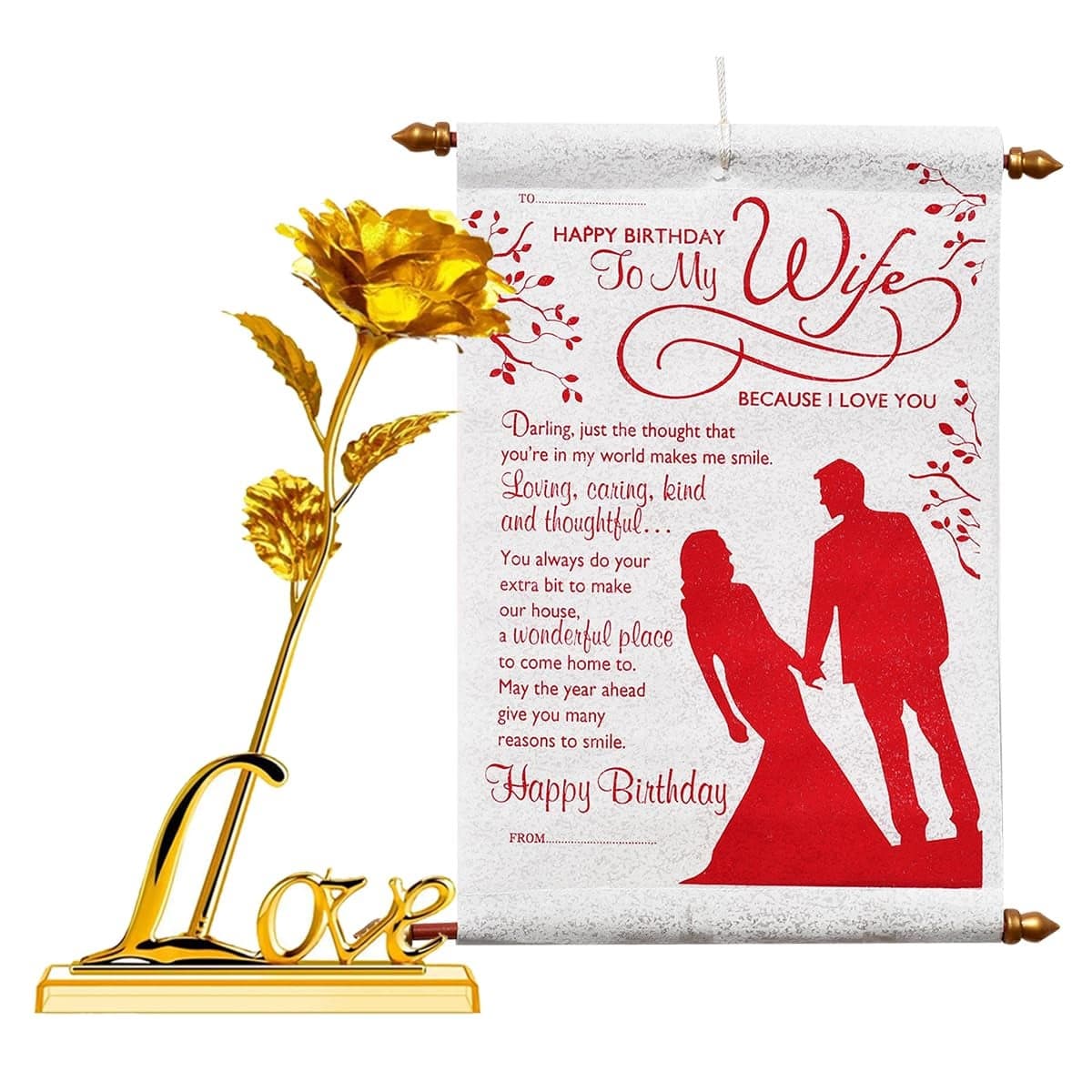 Natali Traders Birthday Gift for Wife - Artificial Golden Rose Flower with Love Stand & Scroll Card - Happy Birthday Gift Combo