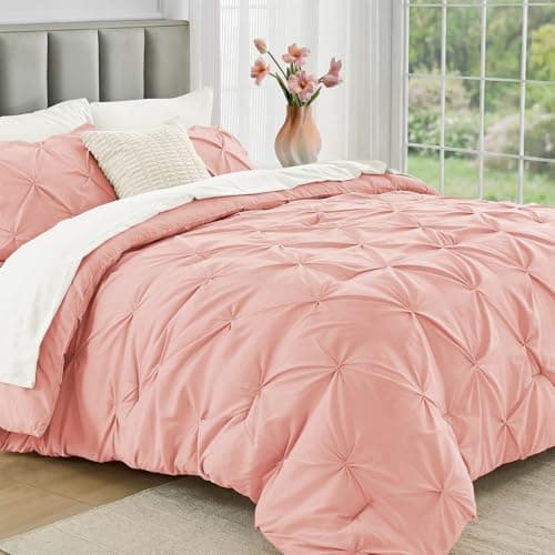 JOLLYVOGUE Queen Comforter Set 7 Pieces - Bed in a Bag Queen for All Season, Pintuck Bedding Comforter Sets with Comforter, Flat Sheet, Fitted Sheet and Pillowcases & Shams, Pink & Ivory