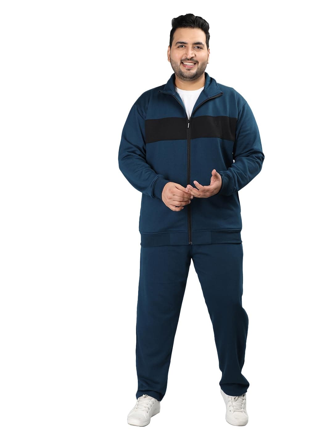 CHKOKKO Mens Plus Size High Neck Winter Tracksuit Full Zip Jacket with Elastic Waist Lower Warm Soft Jogging Suit Activewear Set for Gym Running and Casual Wear Indigo Black S