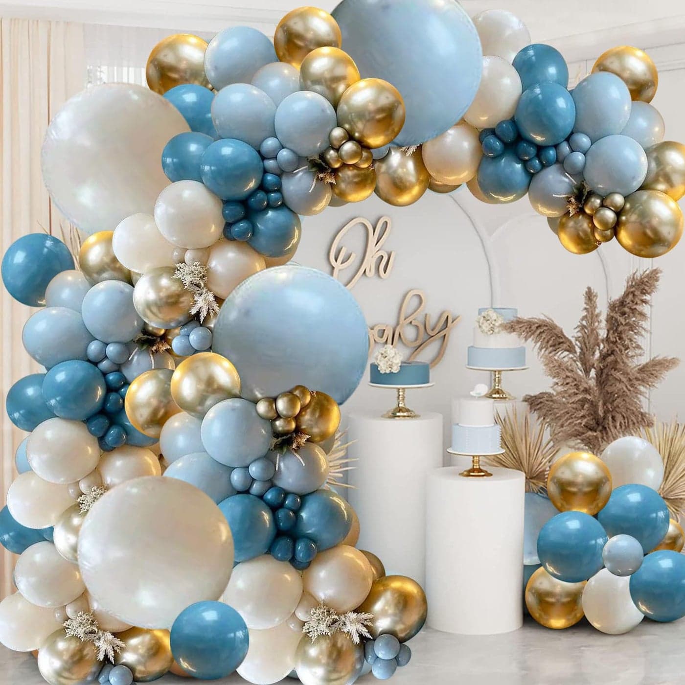 Dusty Blue Balloons Garland Kit Fog Blue Royal Blue Pastel Blue Sand White Metallic Gold latex Balloons for Bridal Shower Wedding Anniversary Birthday Party Decorations Supplies