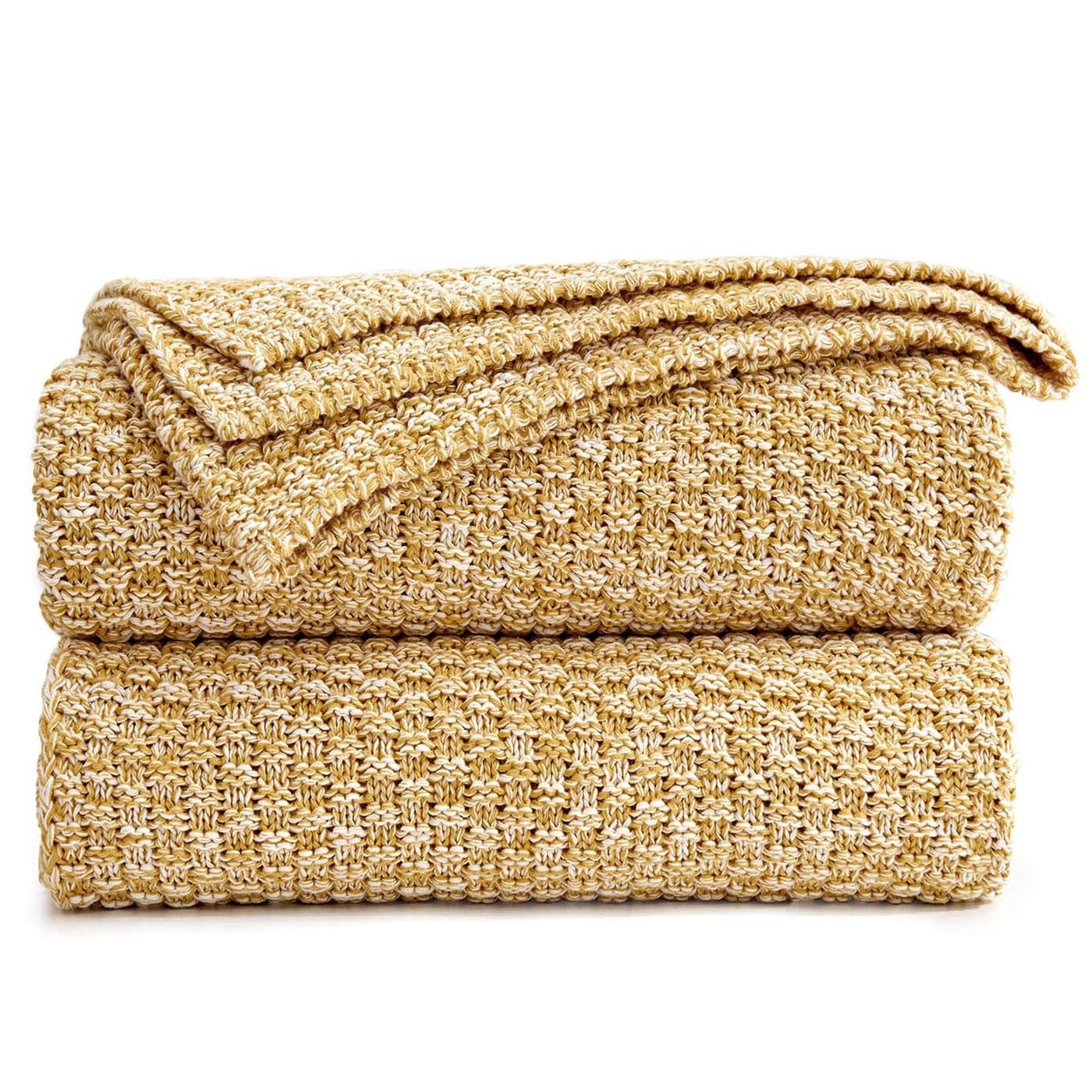 Longhui bedding Gold Knitted Throw Blanket for Couch Soft Cozy Machine Washable 100 Cotton Sofa Blanket Heavy 25lb Weight Laundry Bag Included Mustard Yellow and White