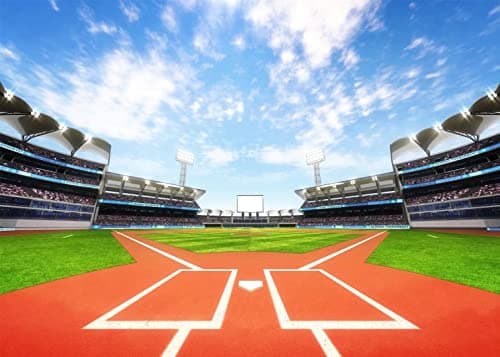 BELECO Baseball Field Backdrop 7x5ft Fabric Outdoor Sports Backdrop for Photoshoot Stadium Pitch Green Grass Blue Sky Clouds Background Baseball Baby Shower Decor Boys Kids Birthday Photo Props