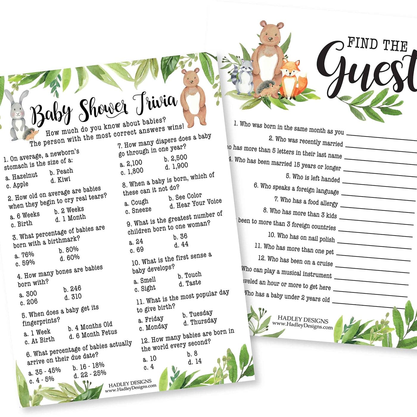 Hadley Designs Hilarious Baby Shower Games Set 25 DoubleSided Cards for 25 Guests 2 Games Baby Trivia Find the Guest Gender Neutral and Fun for Boys Girls Woodland