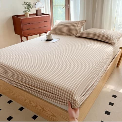 LifeTB Tan Gingham Fitted Sheet King 100% Washed Cotton Taupe Plaid King Bed Sheet Grid Single Bottom Sheet with 15" Deep Pocket Gingham Bedding Grid Sheet 1 Piece Cotton Breathable Mattress Cover