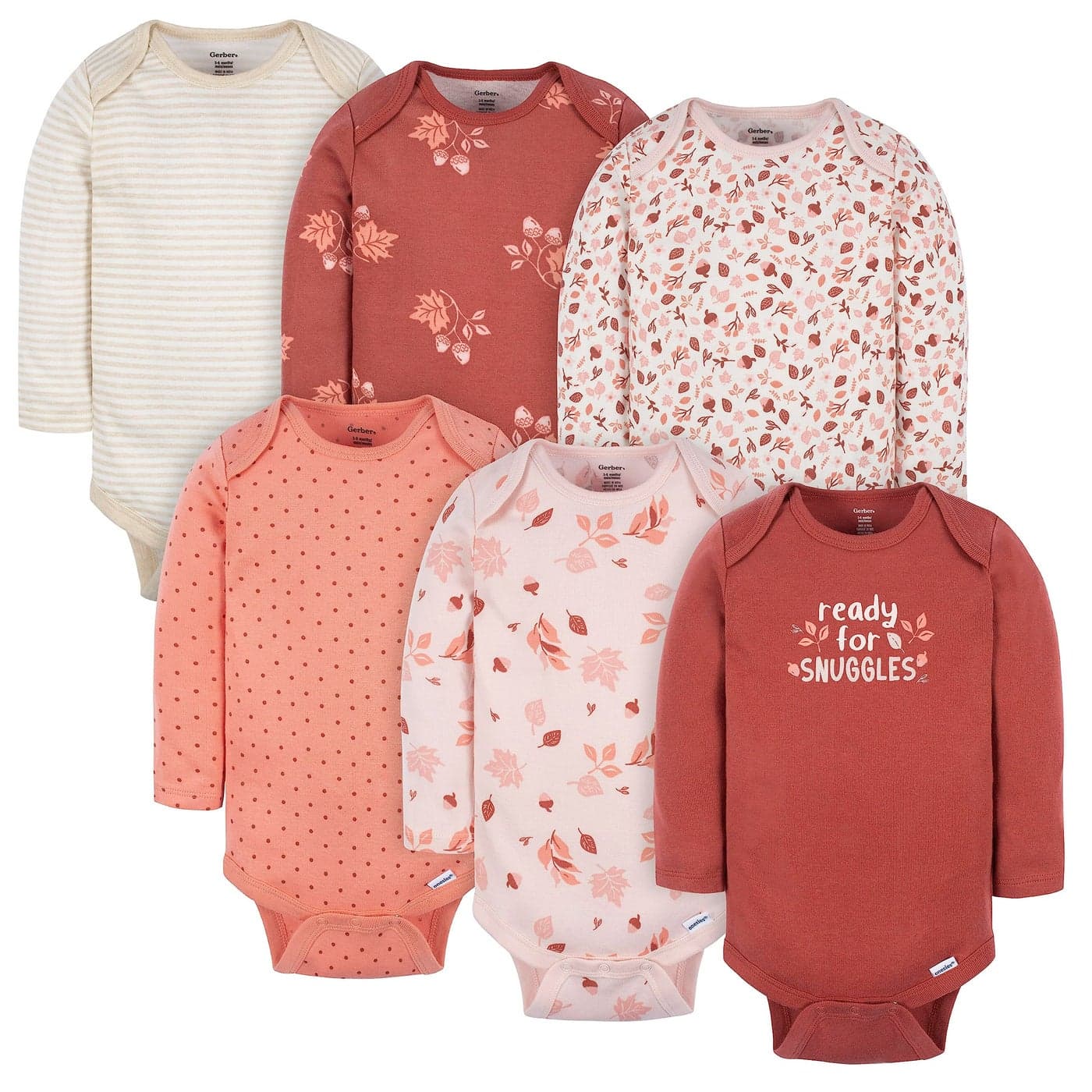 Gerber Baby Girls 6Pack LongSleeve Onesies Bodysuits Leaves