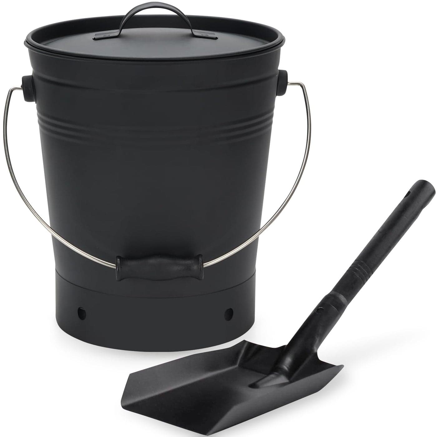 INNO STAGE Ash Bucket with Lid and Wood Handle Coal Shovel Ash Carrier Pail Fireplace ToolsFire PitWood Burning Stove Black