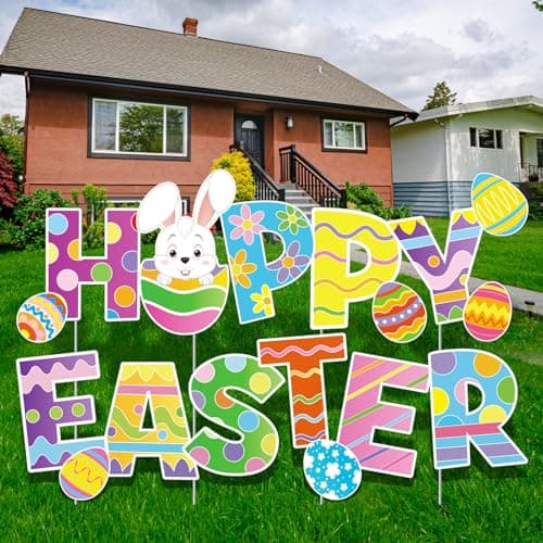 Yalikop 4 Pcs Happy Easter Yard Signs Decorations Outdoor Lawn Decorations Eggs Yard Stake Sign Bunny Outdoor Decorative Stake Signs with 16 Plastic Stakes for Garden Easter Party Supplies Prop
