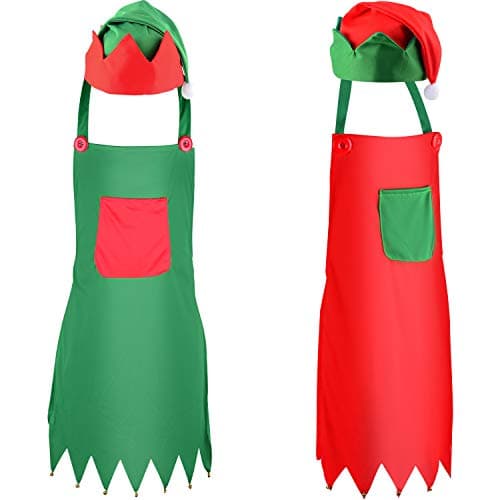 Sunshane 4 Pieces Christmas Elf Kits Include Elf Aprons and Elf Hats for Christmas Party Costume Supplies Red and Green