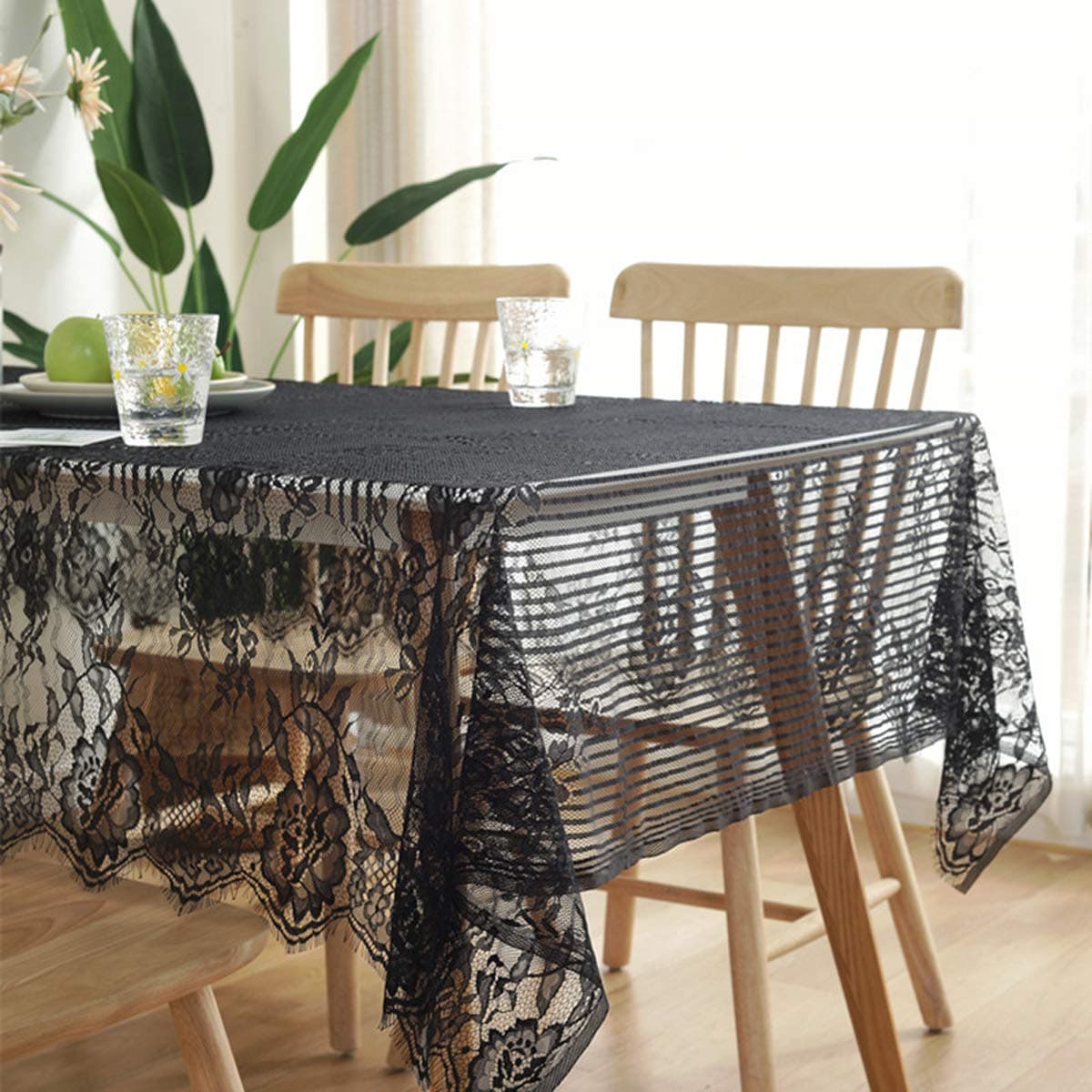 Bringsine UltraThin and Lightweight Rustic Lace Tablecloth Black Nordic Perfect for Halloween Dinner Parties and Scary Movie Nights with Embroidered FloralRectangleOblong 55 x 70 Inch